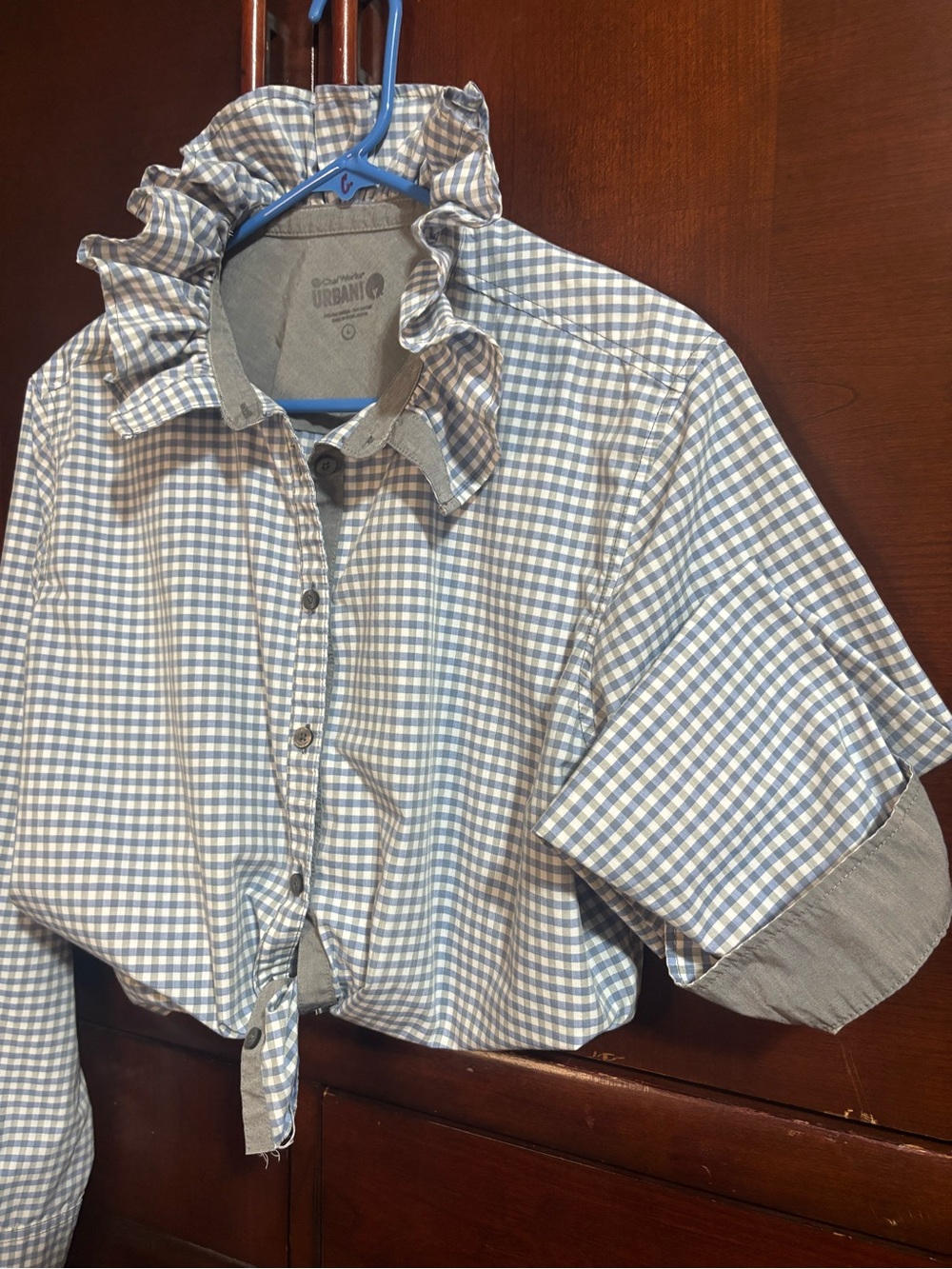 Upcycled Women’s Urban Blue/Gray/White Gingham Ruffle Collar Shirt - Tie Front